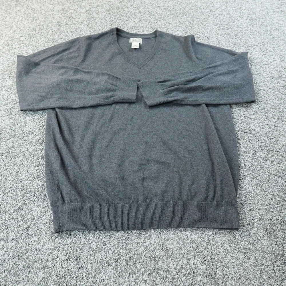 LL Bean Sweater Mens M Gray Cotton Cashmere V Neck Knit Pullover‎ Outdoor Casual
